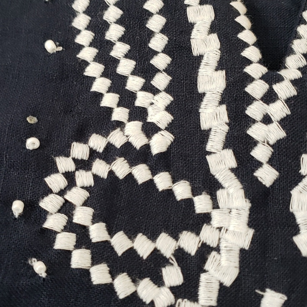 Talbots Navy + White Embroidered Poncho Linen, Size L - Picture 7 of 13